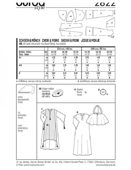 Patron Burda Carnaval 2822 - Déguisement Moine & Cheik Arabe Homme