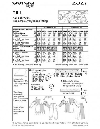 Patron Burda Carnaval 2527 - Déguisement Arlequin Adulte Mixte