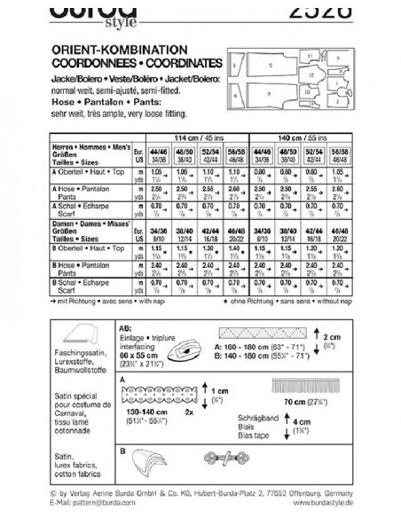 Patron Burda Carnaval 2526 - Déguisement Costumes orientaux Adultes Mixte