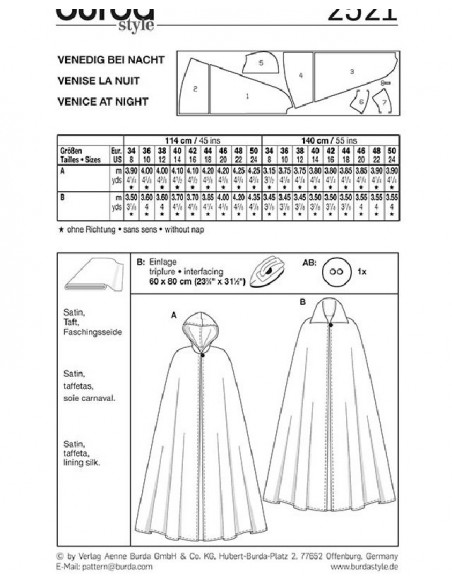 Patron Burda Carnaval 2521 - Déguisement Cape Vénitienne Femme