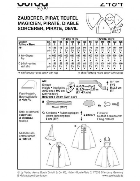 Patron Burda Carnaval 2494 - Déguisement  Cape et Chapeau de Magicien, Pirate et Diable enfant