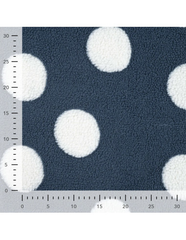 Tissu, Lainage Teddy Pois, Bleu Jean et Blanc, Laize 150 cm, 100% Polyester 230g/m²