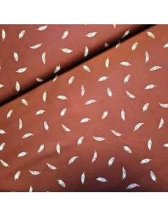 Tissu, Popeline de Coton Plumes, Terracotta et Plumes Blanches, Laize 150 cm, 100% Coton