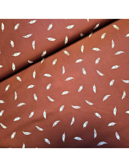 Tissu, Popeline de Coton Plumes, Terracotta et Plumes Blanches, Laize 150 cm, 100% Coton