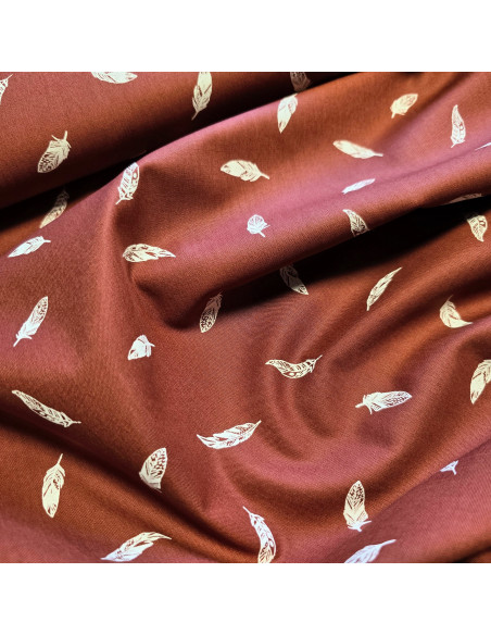 Tissu, Popeline de Coton Plumes, Terracotta et Plumes Blanches, Laize 150 cm, 100% Coton