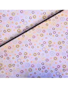 Tissu, Popeline de Coton, Soleils Jaunes & Roses Mauve, Laize 150 cm, 100% Coton 115g/m²