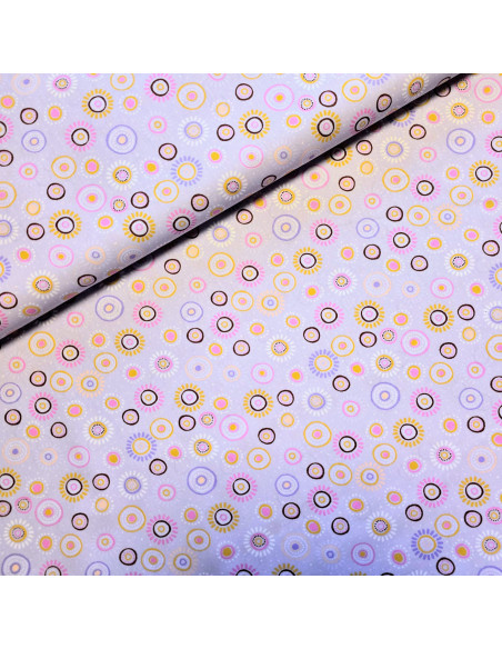 Tissu, Popeline de Coton, Soleils Jaunes & Roses Mauve, Laize 150 cm, 100% Coton 115g/m²