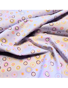 Tissu, Popeline de Coton, Soleils Jaunes & Roses Mauve, Laize 150 cm, 100% Coton 115g/m² 2