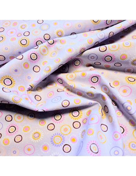 Tissu, Popeline de Coton, Soleils Jaunes & Roses Mauve, Laize 150 cm, 100% Coton 115g/m²