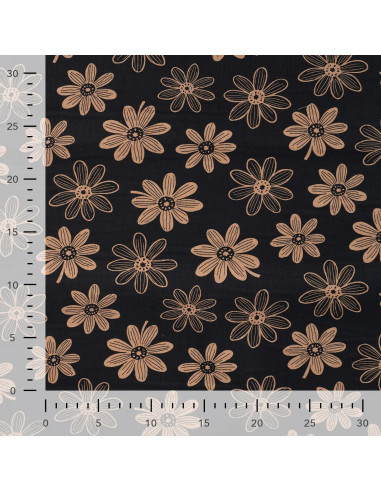 Tissu, Popeline de Coton Fleurie, Caramel sur Fond Noir, Laize 150 cm, 100% Coton
