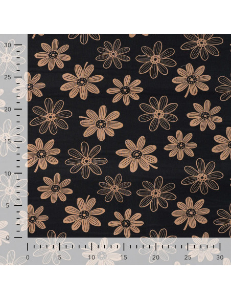 Tissu, Popeline de Coton Fleurie, Caramel sur Fond Noir, Laize 150 cm, 100% Coton