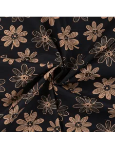 Tissu, Popeline de Coton Fleurie, Caramel sur Fond Noir, Laize 150 cm, 100% Coton 2