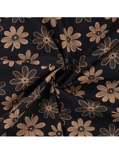 Tissu, Popeline de Coton Fleurie, Caramel sur Fond Noir, Laize 150 cm, 100% Coton