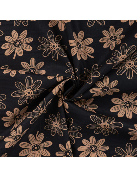 Tissu, Popeline de Coton Fleurie, Caramel sur Fond Noir, Laize 150 cm, 100% Coton