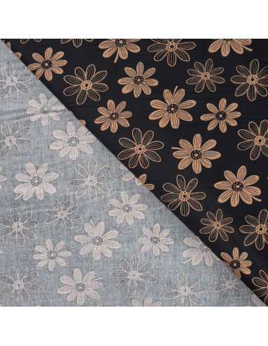 Tissu, Popeline de Coton Fleurie, Caramel sur Fond Noir, Laize 150 cm, 100% Coton