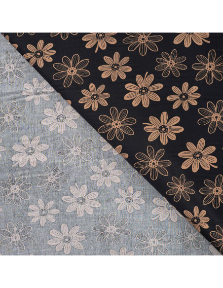 Tissu, Popeline de Coton Fleurie, Caramel sur Fond Noir, Laize 150 cm, 100% Coton