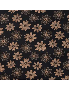 Tissu, Popeline de Coton Fleurie, Caramel sur Fond Noir, Laize 150 cm, 100% Coton