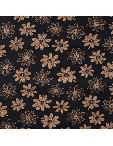 Tissu, Popeline de Coton Fleurie, Caramel sur Fond Noir, Laize 150 cm, 100% Coton