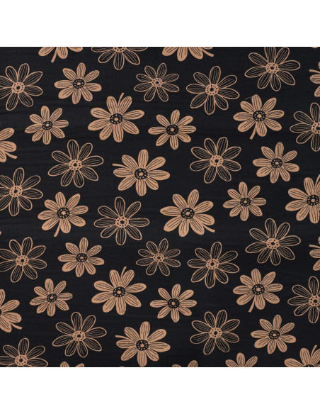Tissu, Popeline de Coton Fleurie, Caramel sur Fond Noir, Laize 150 cm, 100% Coton