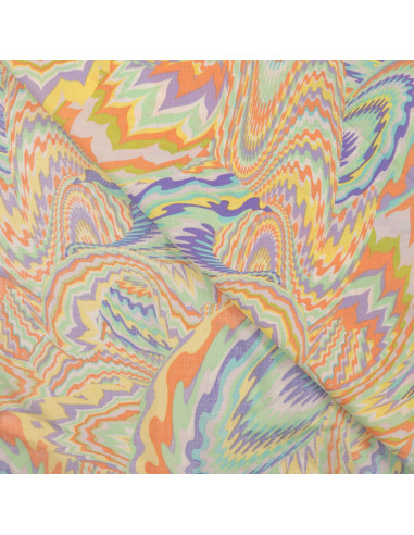 Coton viscose imprimé, motifs psychédéliques, mauve