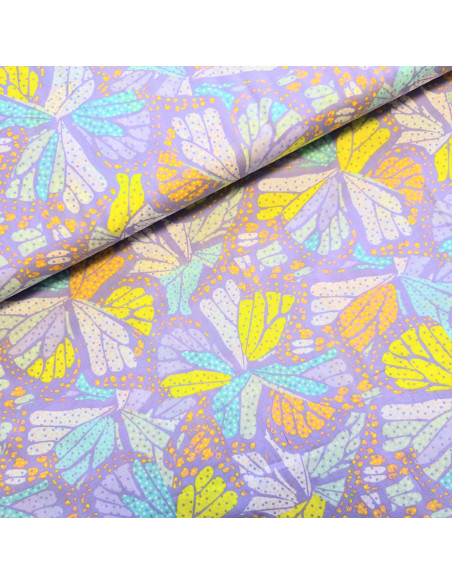 Tissu, Voile de Coton Imprimé Papillons, Multicolore, Laize 145 cm, 100% Coton 70g/m²