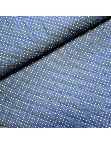 Tissu, Matelassé Chambray Pois, Bleu Chambray et Marine, Laize 150 cm, 50% Coton 50% Polyester