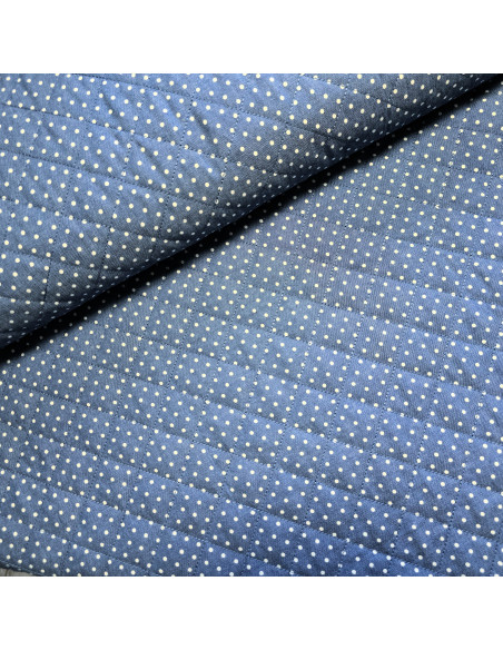 Tissu, Matelassé Chambray Pois, Bleu Chambray et Marine, Laize 150 cm, 50% Coton 50% Polyester