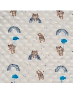 Tissu, Velours Minky Imprimé Oursons, Bleu Ciel & Blanc, Laize 150 cm, 100% Polyester