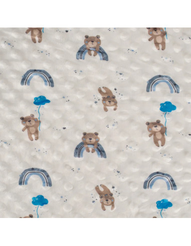 Tissu, Velours Minky Imprimé Oursons, Bleu Ciel & Blanc, Laize 150 cm, 100% Polyester