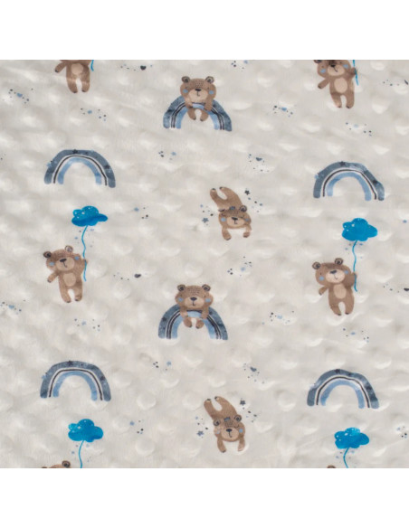 Tissu, Velours Minky Imprimé Oursons, Bleu Ciel & Blanc, Laize 150 cm, 100% Polyester