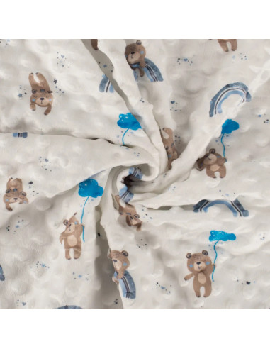 Tissu, Velours Minky Imprimé Oursons, Bleu Ciel & Blanc, Laize 150 cm, 100% Polyester