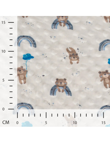 Tissu, Velours Minky Imprimé Oursons, Bleu Ciel & Blanc, Laize 150 cm, 100% Polyester