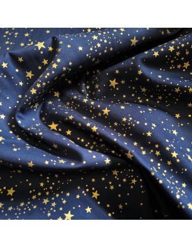 Coton de noël, étoiles dorées, bleu