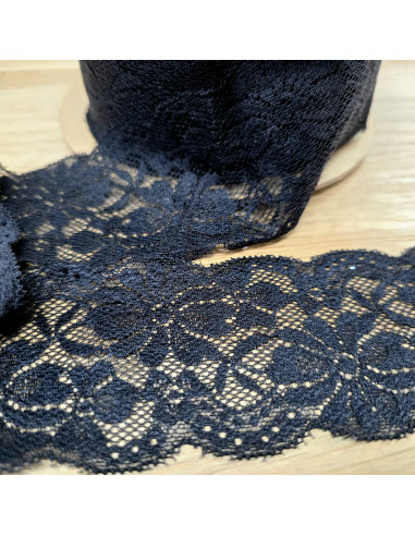 Ruban dentelle élastique fleurs, 6,5cm, noir