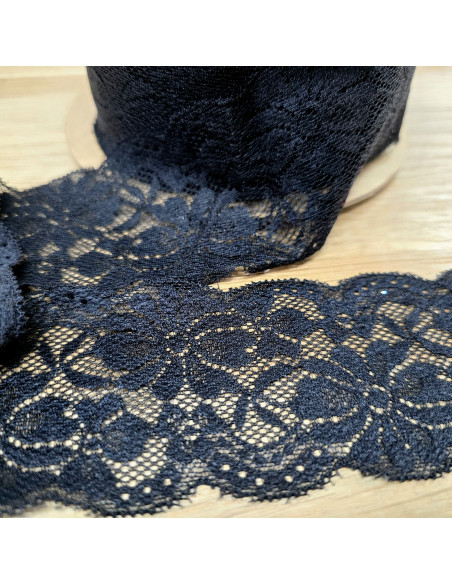 Ruban dentelle élastique fleurs, 6,5cm, noir