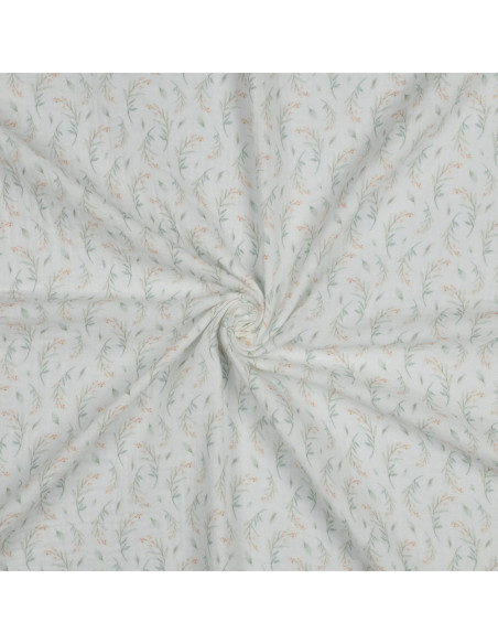 Tissu, Double Gaze Fleurs Champêtres, Multicolore sur Fond Blanc, Laize 135 cm, 100% Coton 115g/m²