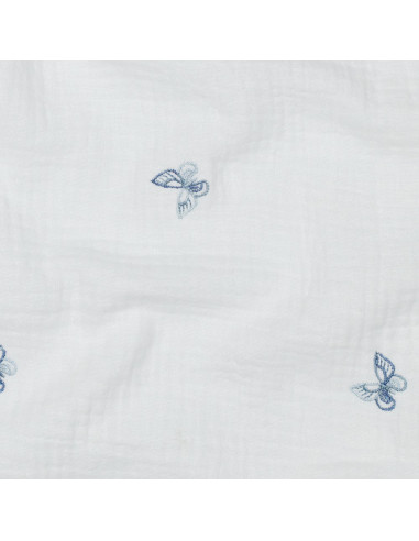 Tissu, Double Gaze Brodée Papillons, Blanc à Papillons Bleus, Laize 135 cm, 100% Coton 125g/m²