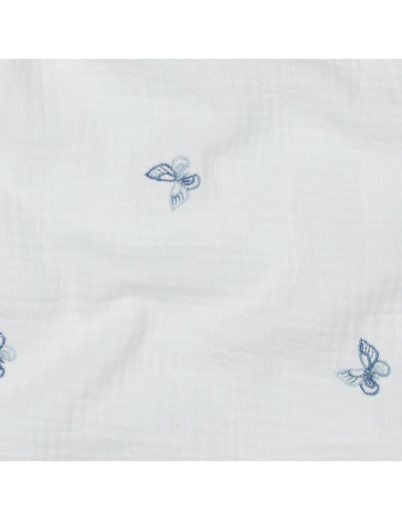 Tissu, Double Gaze Brodée Papillons, Blanc à Papillons Bleus, Laize 135 cm, 100% Coton 125g/m²