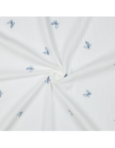Tissu, Double Gaze Brodée Papillons, Blanc à Papillons Bleus, Laize 135 cm, 100% Coton 125g/m²