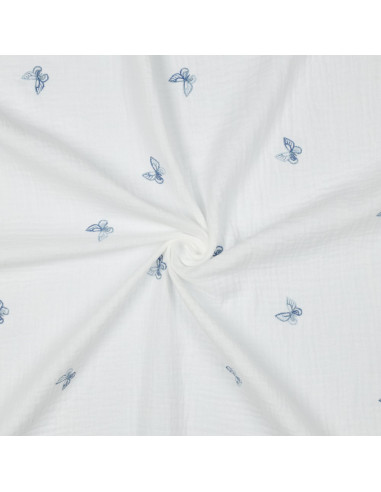 Tissu, Double Gaze Brodée Papillons, Blanc à Papillons Bleus, Laize 135 cm, 100% Coton 125g/m²