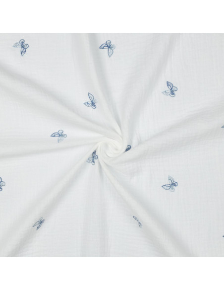Tissu, Double Gaze Brodée Papillons, Blanc à Papillons Bleus, Laize 135 cm, 100% Coton 125g/m²