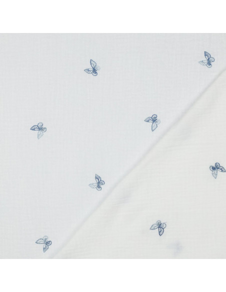 Tissu, Double Gaze Brodée Papillons, Blanc à Papillons Bleus, Laize 135 cm, 100% Coton 125g/m²