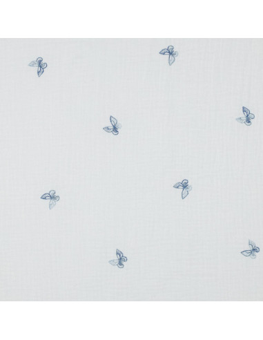 Tissu, Double Gaze Brodée Papillons, Blanc à Papillons Bleus, Laize 135 cm, 100% Coton 125g/m²