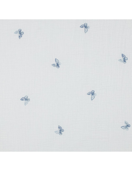 Tissu, Double Gaze Brodée Papillons, Blanc à Papillons Bleus, Laize 135 cm, 100% Coton 125g/m²