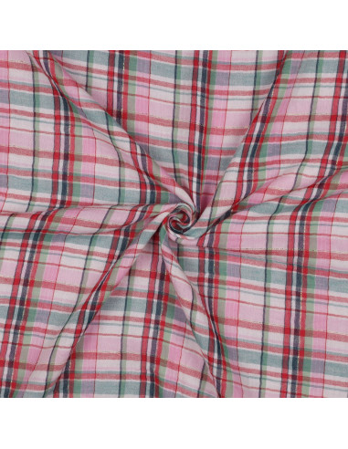 Tissu, Double Gaze Carreaux Lurex, Rose et Vert Clair, Laize 142 cm, 99% Coton 1% Lurex 120g/m²