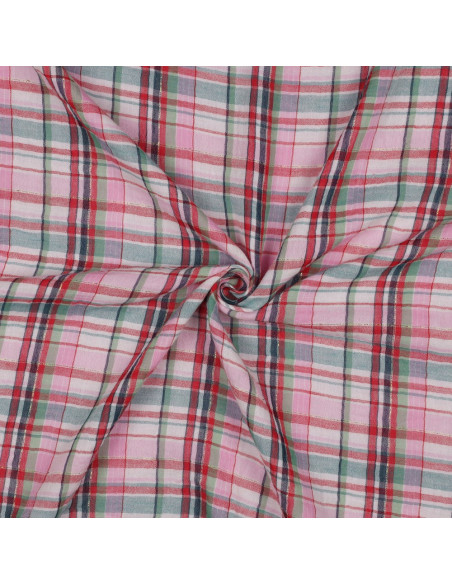 Tissu, Double Gaze Carreaux Lurex, Rose et Vert Clair, Laize 142 cm, 99% Coton 1% Lurex 120g/m²