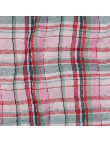 Tissu, Double Gaze Carreaux Lurex, Rose et Vert Clair, Laize 142 cm, 99% Coton 1% Lurex 120g/m²