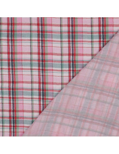 Tissu, Double Gaze Carreaux Lurex, Rose et Vert Clair, Laize 142 cm, 99% Coton 1% Lurex 120g/m²