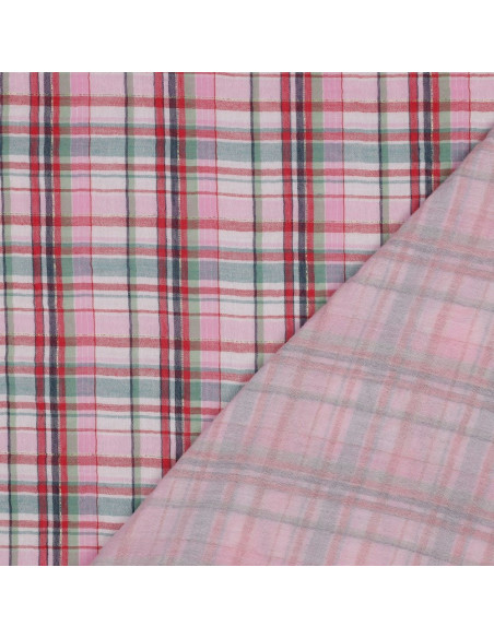 Tissu, Double Gaze Carreaux Lurex, Rose et Vert Clair, Laize 142 cm, 99% Coton 1% Lurex 120g/m²