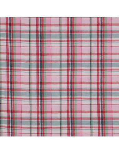 Tissu, Double Gaze Carreaux Lurex, Rose et Vert Clair, Laize 142 cm, 99% Coton 1% Lurex 120g/m²